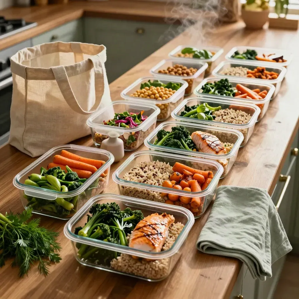 Zeven mealprep-bakjes met gezonde weekmaaltijden, linnen tas en verse kruiden op een houten aanrecht.