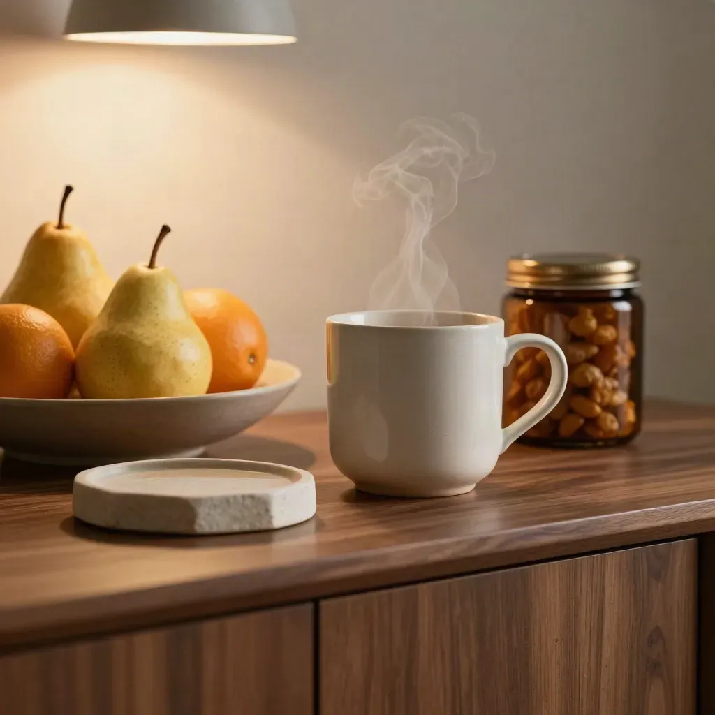 Avondsideboard met thee, fruit, afgesloten snackpot en stenen tray in warm licht.
