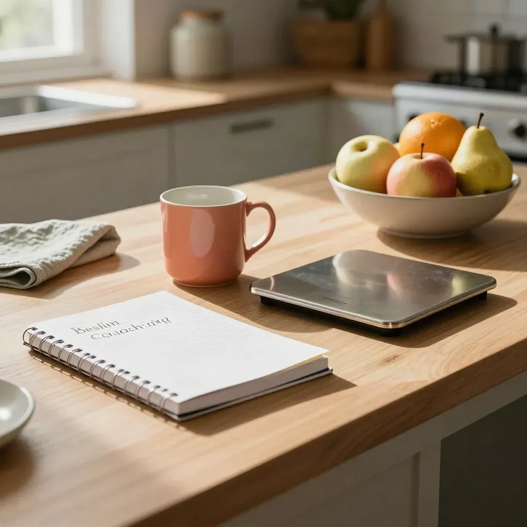 Rustige keuken met notitieboek, mok, fruit en keukenweegschaal in warm daglicht.
