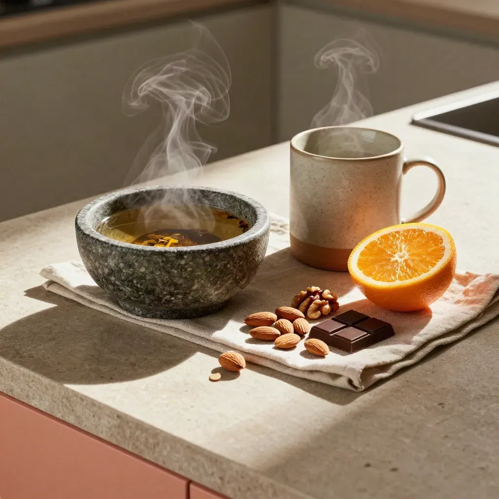 Bovenaanzicht van kruidenthee, noten, citrus en chocolade op stenen keukentafel