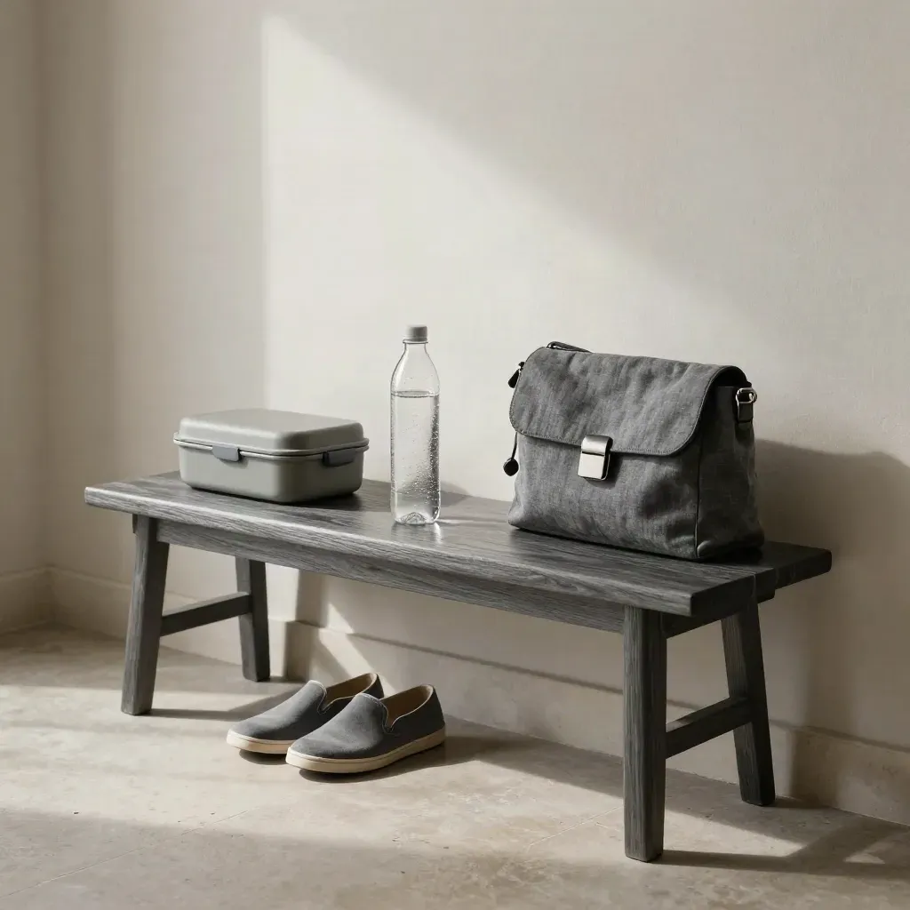 Halbank met lunchbox, waterfles, schoenen en schoudertas in frisse ochtendnevel.