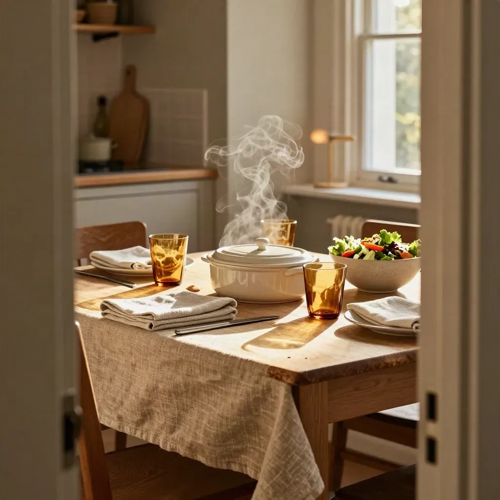 Gedekte eettafel met ovenschotel, salade en warm glaswerk bij het raam.