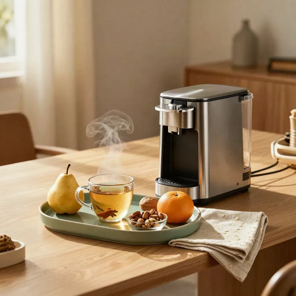 Office-breekoek met thee, noten, fruit en een open thee-apparaat bij het raam.