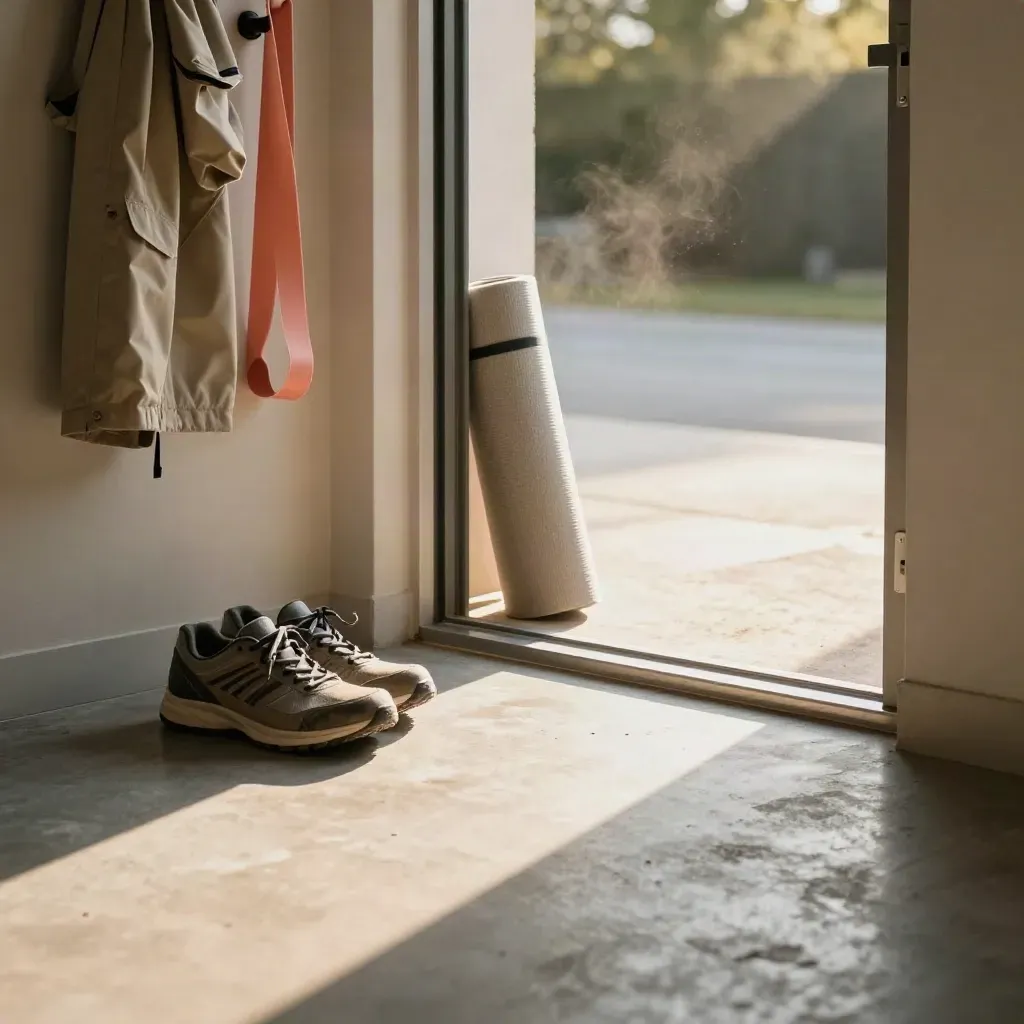 Halopen voordeur met wandelschoenen, regenjas, weerstandsband en mat in een rustige hal.