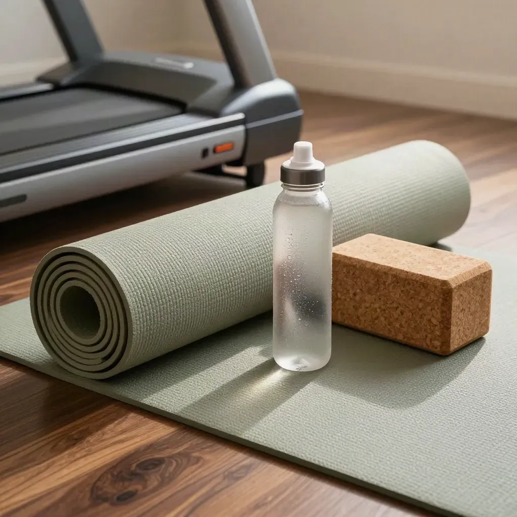 Opgerolde yogamat, loopband, waterfles en kurken blok op een warme houten vloer in zacht ochtendlicht.