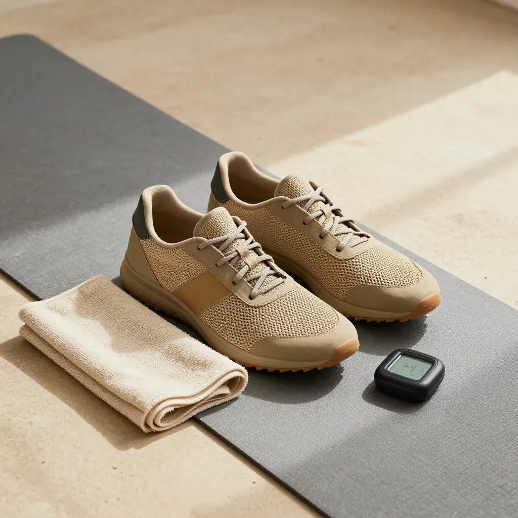 Sportschoenen, enkelgewichten, handdoek en intervaltimer op een gymvloer in close-up.