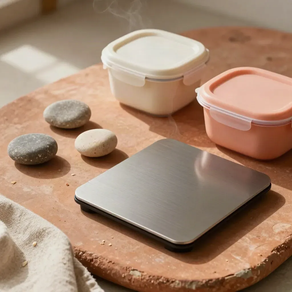 Bovenaanzicht van weegschaal, twee containers en drie steentjes op een terracotta keukenblad.