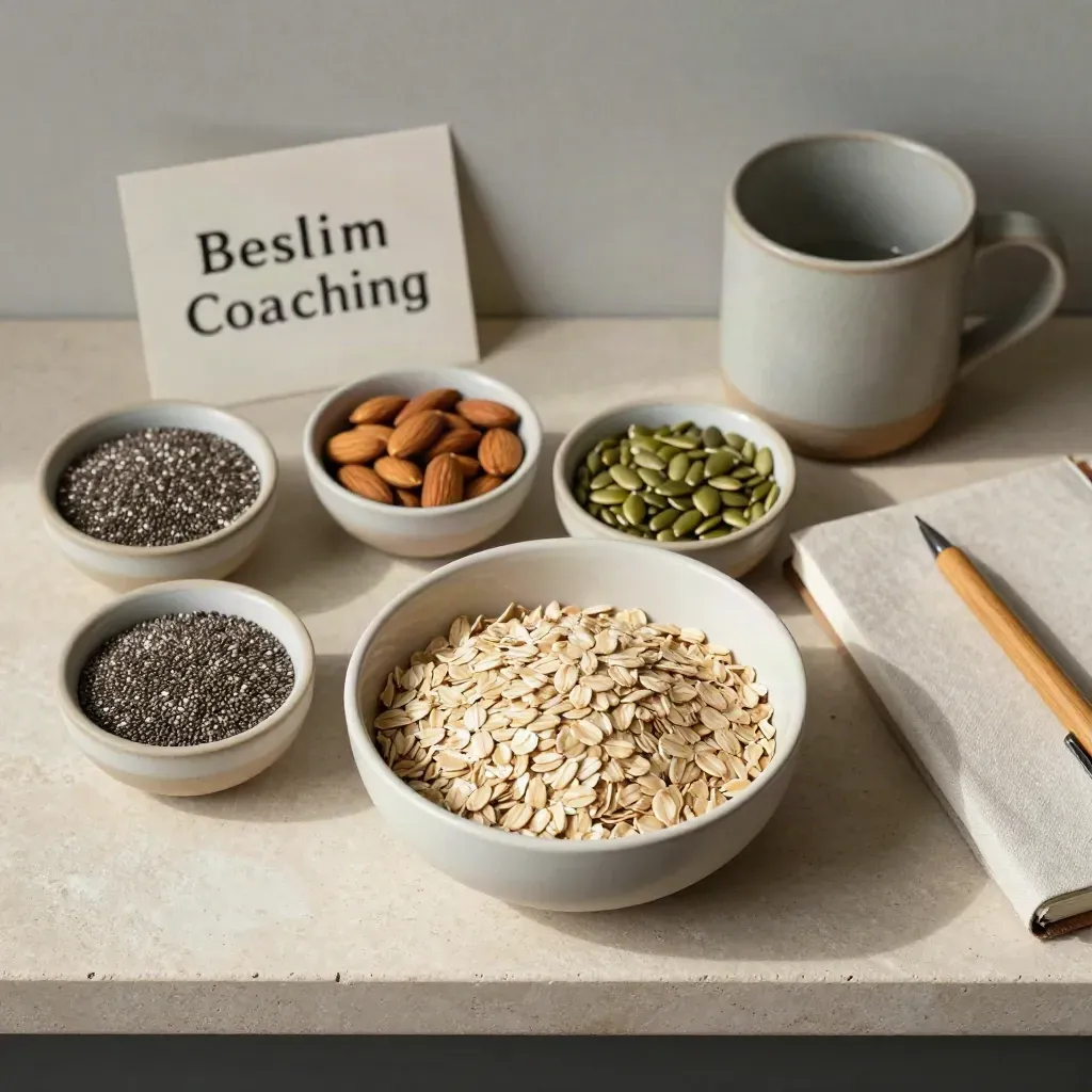 Flatlay van vijf pantry-basics in schaaltjes naast mok, notitieboek en pen op steen.