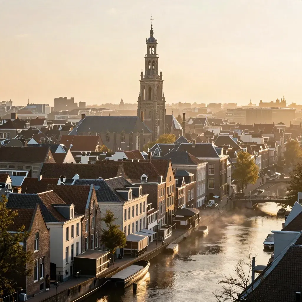 Domtoren boven Utrechtse grachten en daken in warme avondnevel.