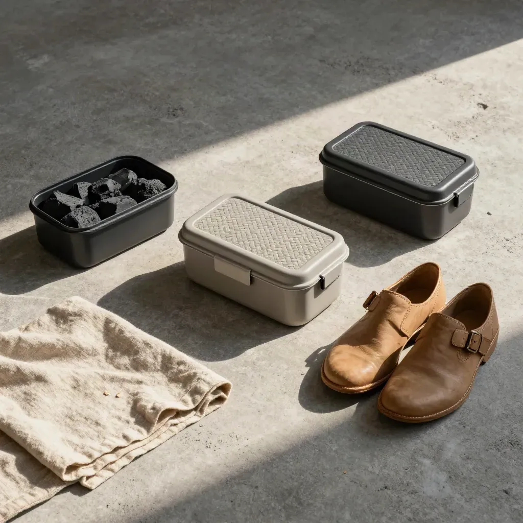 Drie lunchboxen, wandelschoenen en opgerolde doek op beton, van boven gefotografeerd.