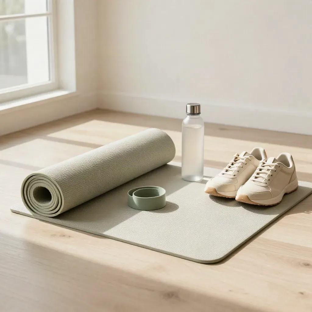 Yoga mat, elastiek, waterfles en sneakers op licht hout in een rustige vierkante opstelling.