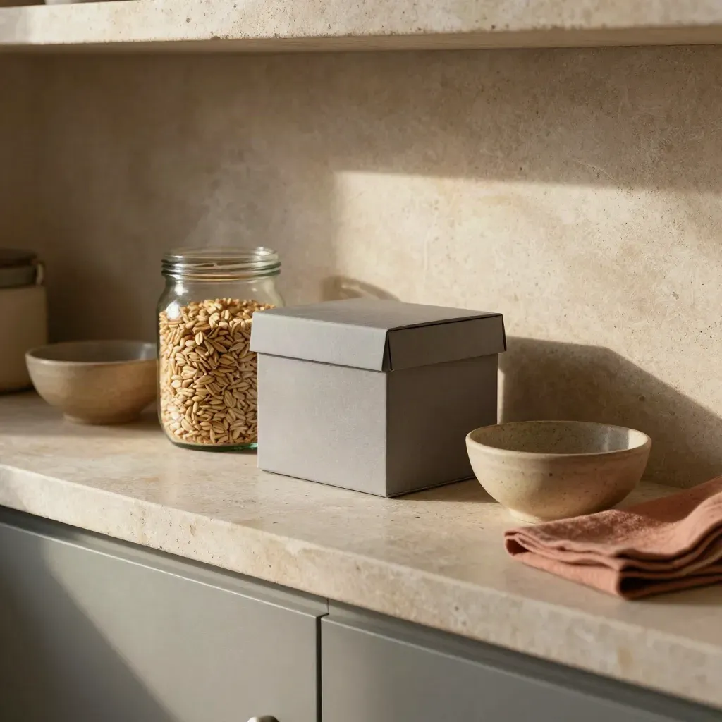 Snackbox, granenpot en twee kommen op een stenen plank in een rustige pantry.