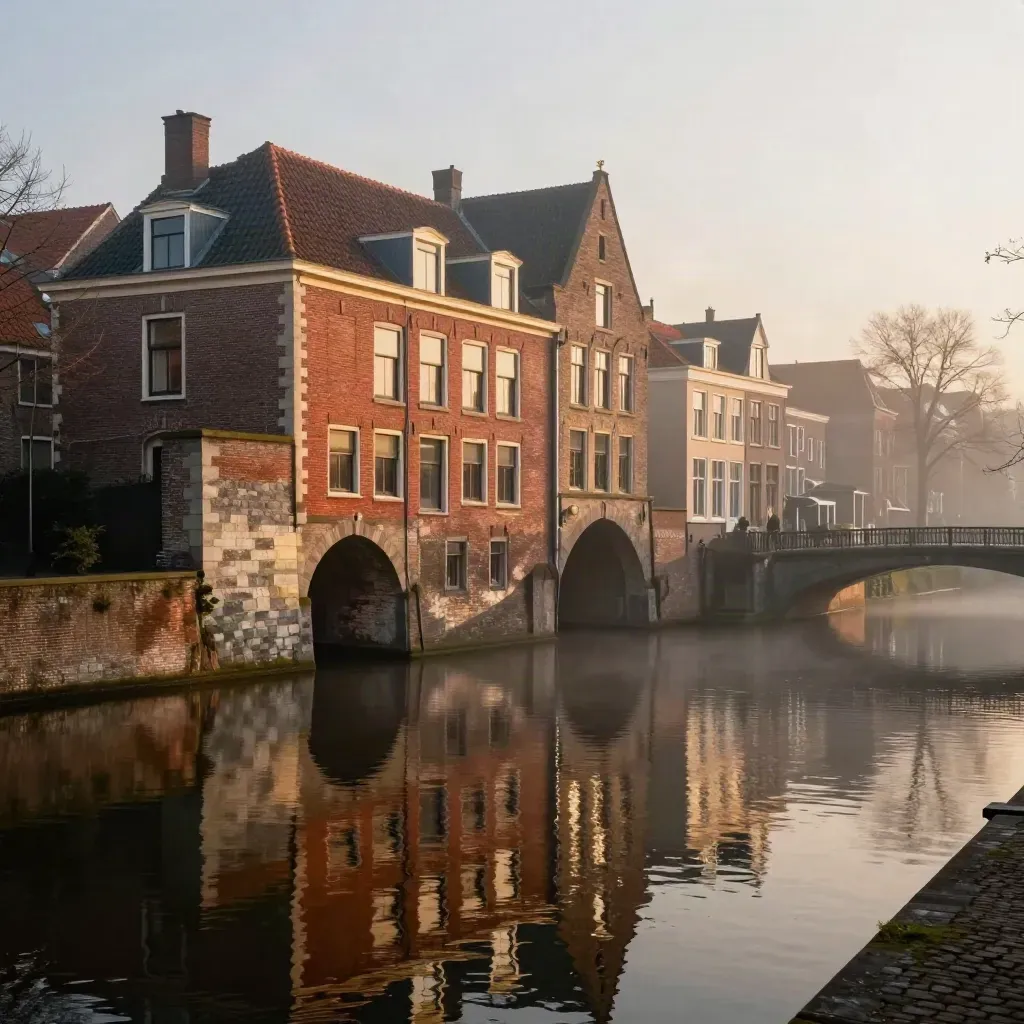 De Koppelpoort en stadsmuren van Amersfoort in gouden avondmist boven stil water.