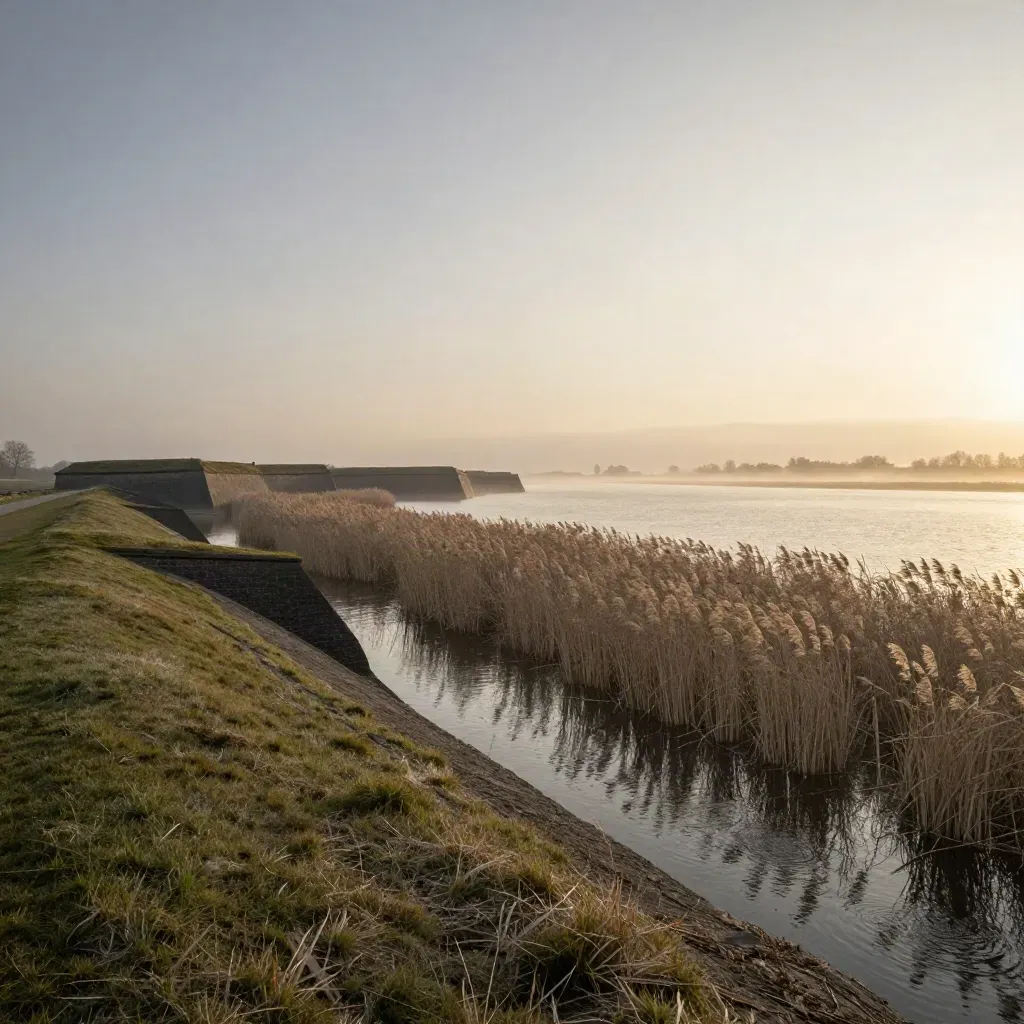 Vestingrand van Naarden met riet, water en mistige horizon bij lage zon