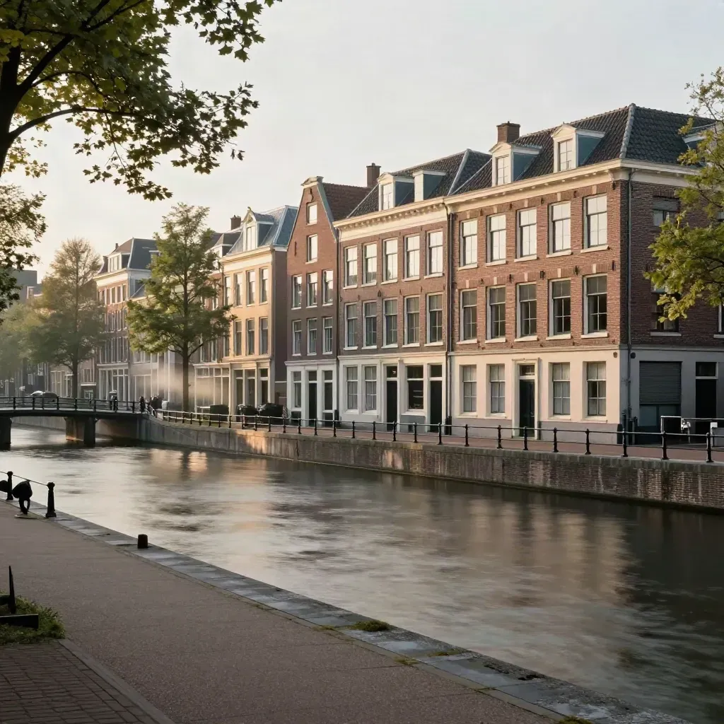 Amsterdam-Zuid aan rustig water met bruggen en bomen, veel open ruimte voor tekst