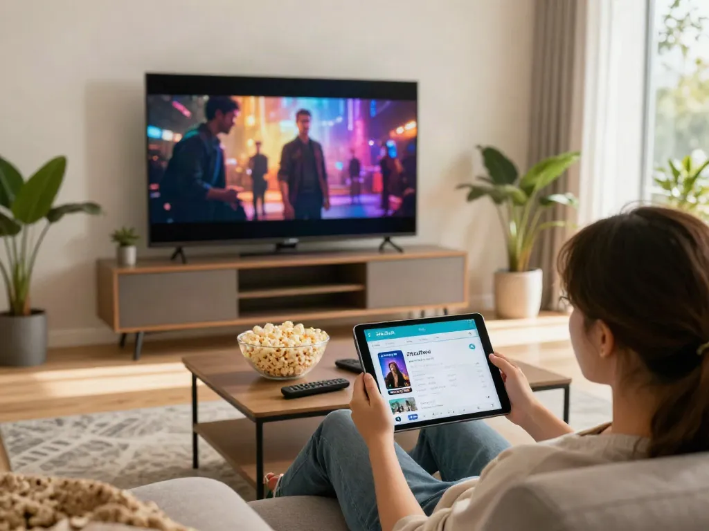 A cozy living room showcasing a user exploring the pikashow app on a tablet, surrounded by inviting decor and natural light.